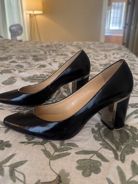 Talbots Black Leather Pointed Toe Pumps Metallic Block Heel Women’s 8